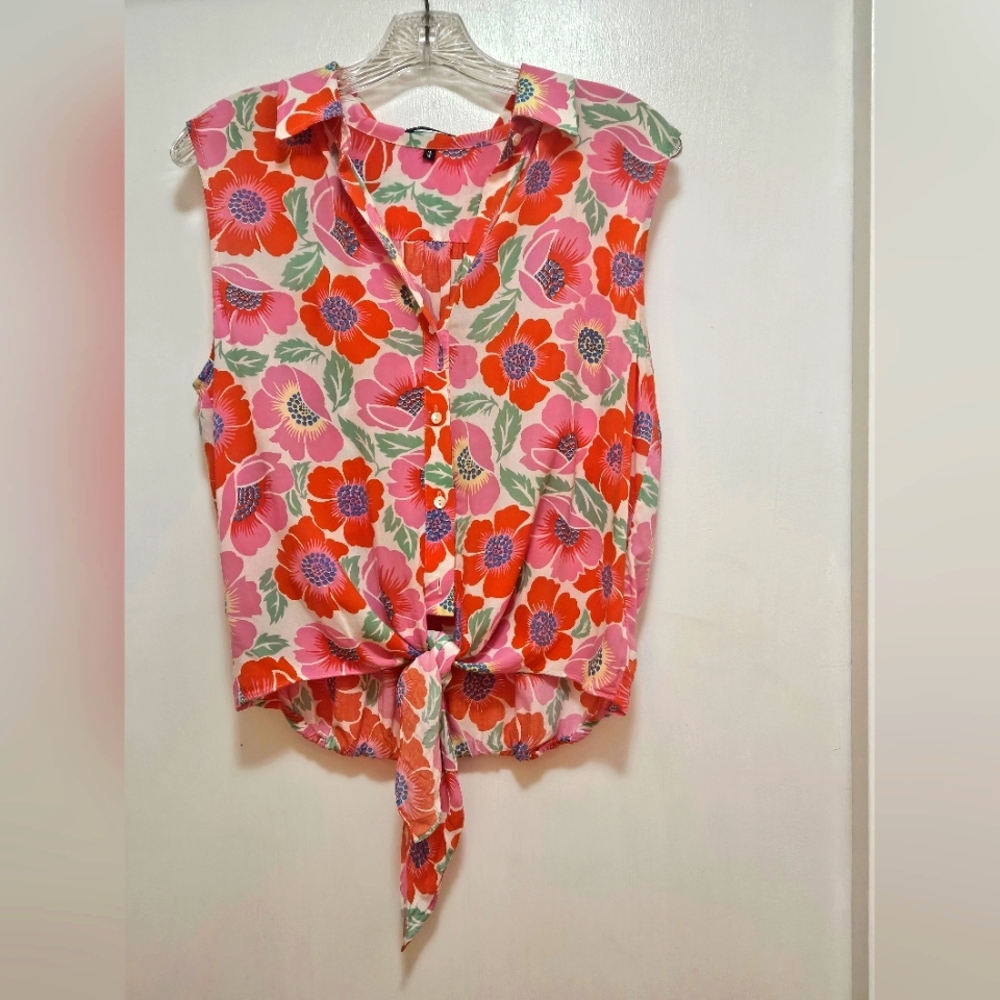 Theory Floral Tie-Front Blouse Size Medium